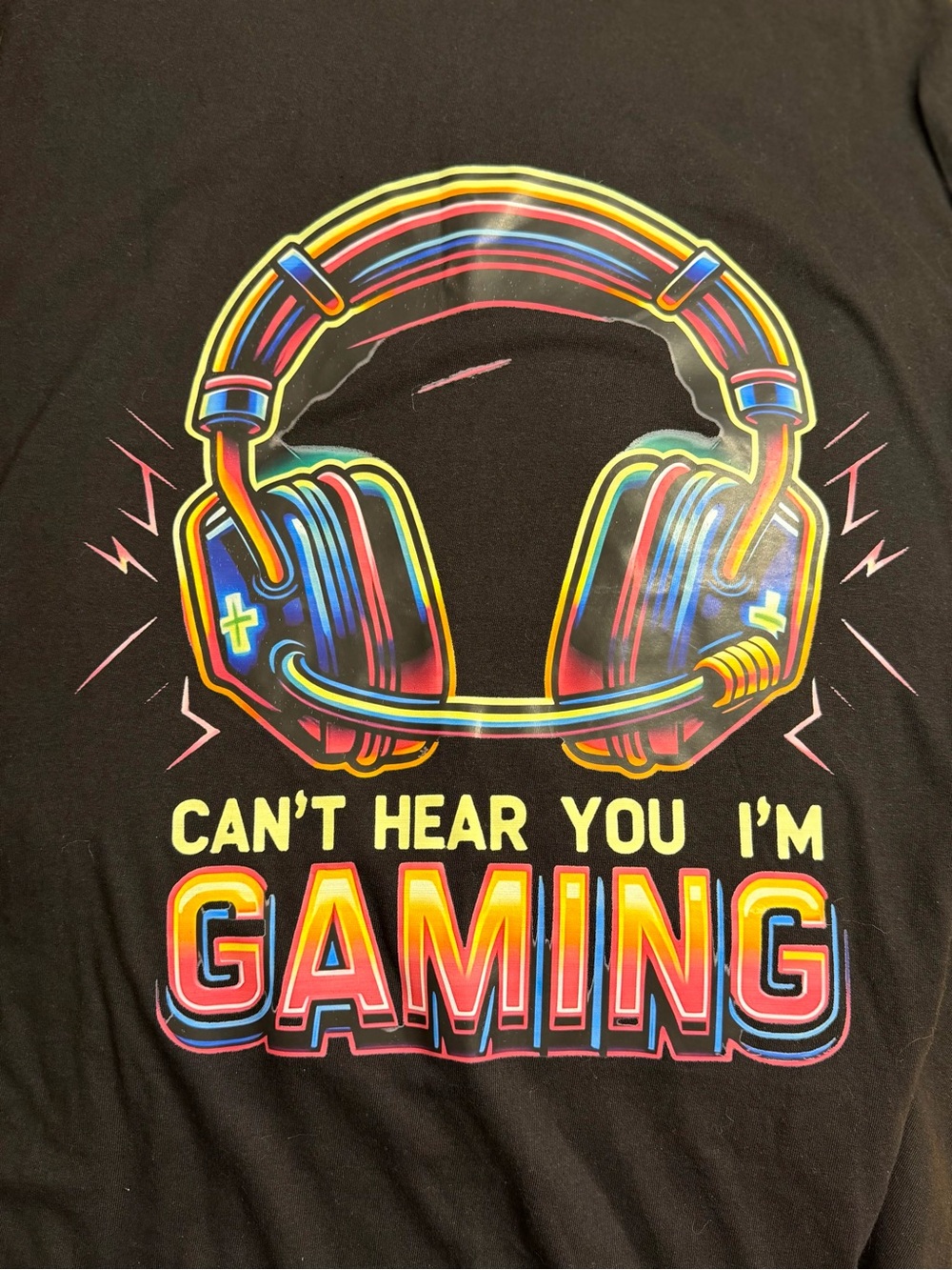 Black Tee with Neon Gaming Headset Graphic-Can’t Hear You I’m Gaming XL Adult